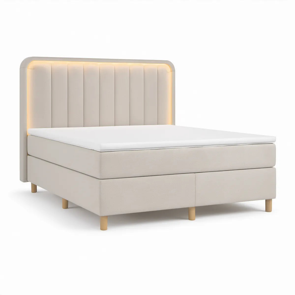 Łóżko dwuosobowe tapicerowane kremowe 160 x 200 cm z materacem, nakładką i oświetleniem LED