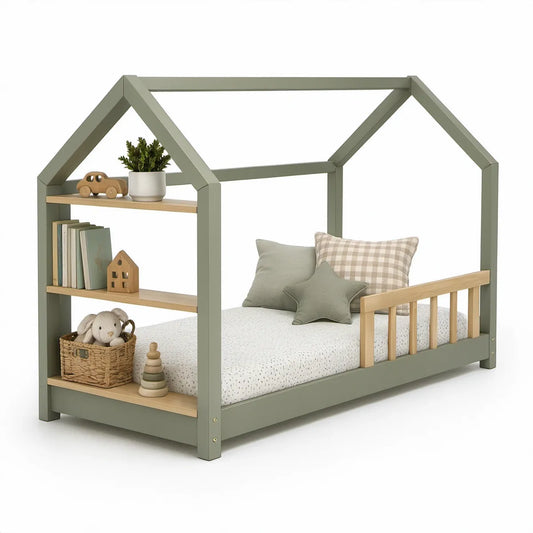 Łóżko dziecięce domek 90 x 200 cm z 3 półkami, lite drewno sosnowe, oliwkowe/naturalna sosna