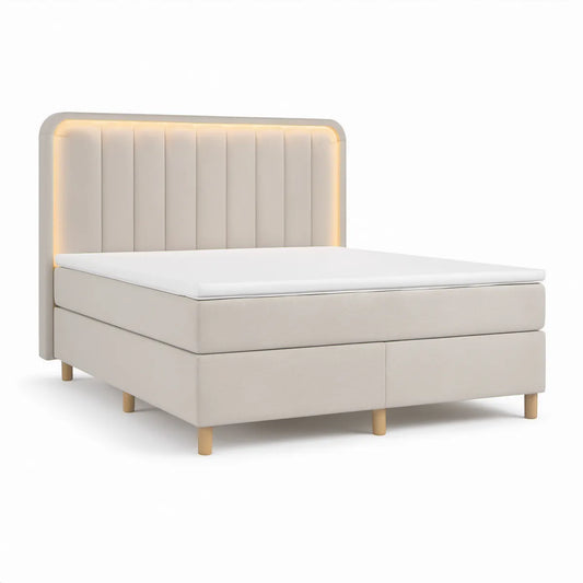Łóżko dwuosobowe tapicerowane kremowe 160 x 200 cm z materacem, nakładką i oświetleniem LED