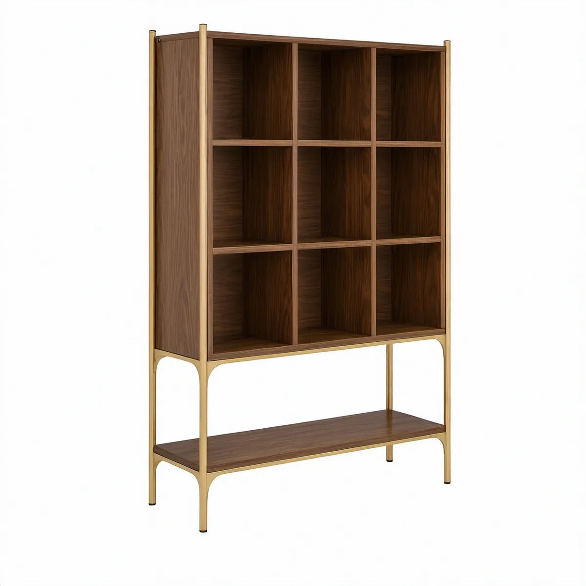 Otwarty regał 100 × 40 × 200 cm z 9 wnękami i dolną półką, Orzechowy/Złoty/Czarny