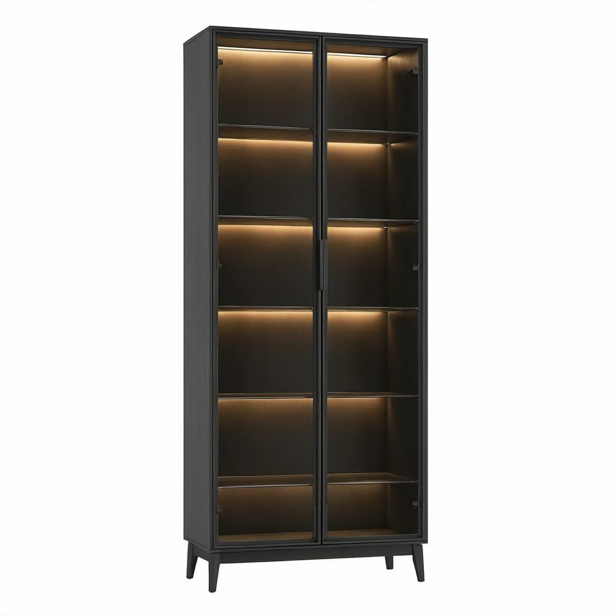 Dwudrzwiowa witryna 80 x 40 x 200 cm z MDF i szkła hartowanego, czarna, z oświetleniem LED