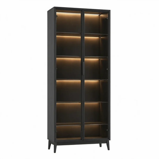 Dwudrzwiowa witryna 80 x 40 x 200 cm z MDF i szkła hartowanego, czarna, z oświetleniem LED