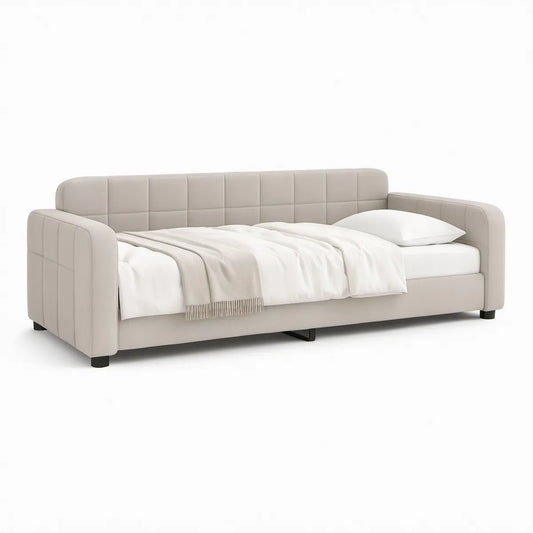 Kremowa rozkładana sofa z funkcją spania 140 x 200 cm, 220 x 95 x 85 cm